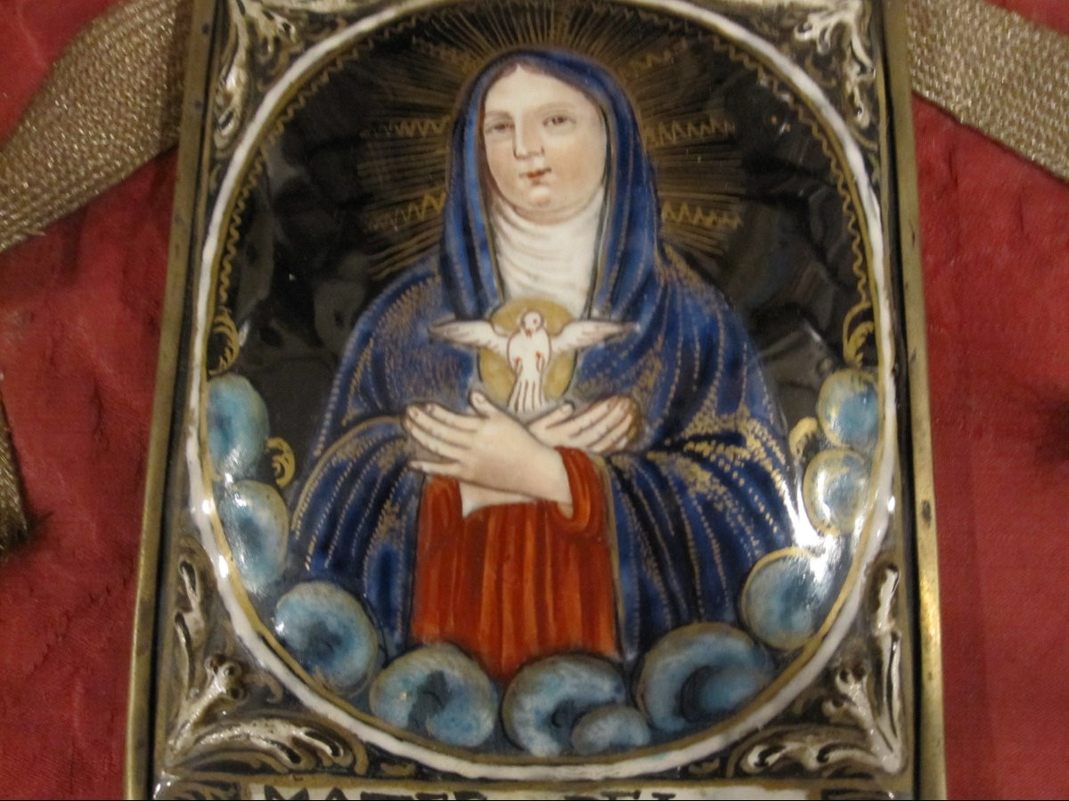 Virgin Mary In Prayer. Limoges Enamel Attributed To The Laudin Family. 17th-18th Century-photo-2