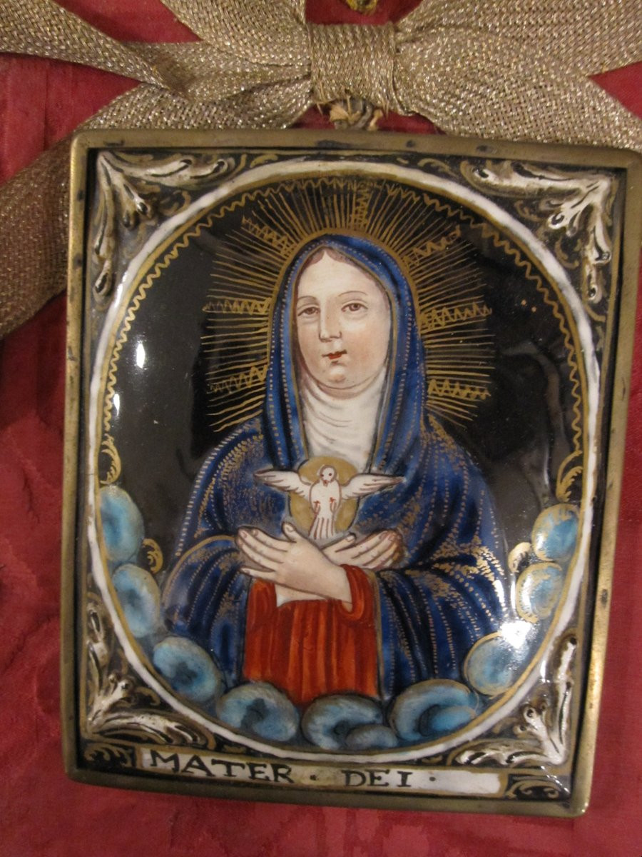 Virgin Mary In Prayer. Limoges Enamel Attributed To The Laudin Family. 17th-18th Century-photo-3
