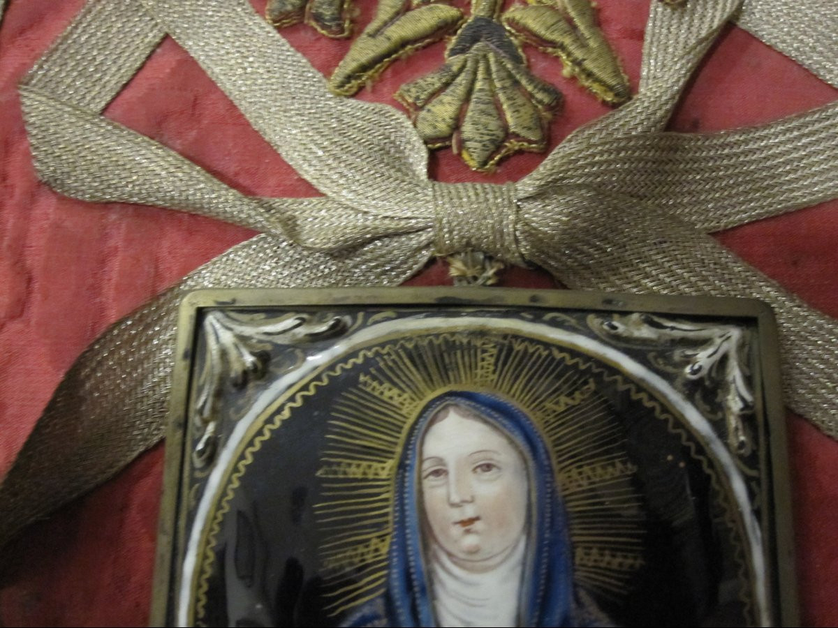Virgin Mary In Prayer. Limoges Enamel Attributed To The Laudin Family. 17th-18th Century-photo-4