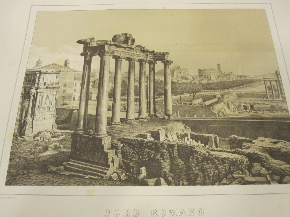 Trois grandes vues de Rome : panorama général, Colisée et Forum romain. Signé : Nannini.  S XIX-photo-3