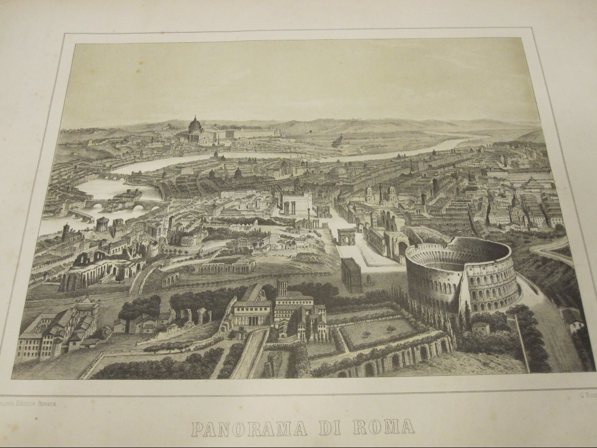 Trois grandes vues de Rome : panorama général, Colisée et Forum romain. Signé : Nannini.  S XIX-photo-1