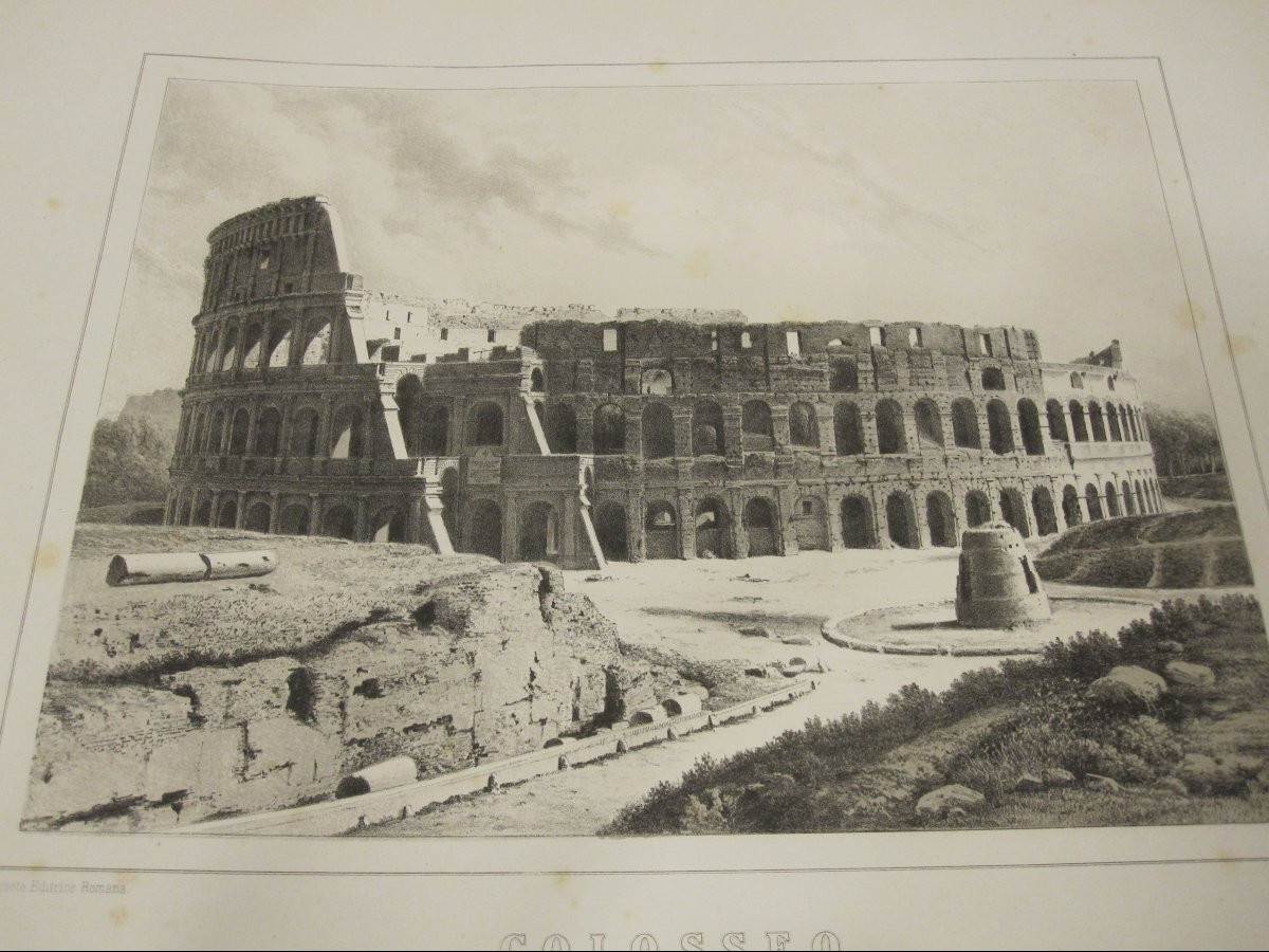 Trois grandes vues de Rome : panorama général, Colisée et Forum romain. Signé : Nannini.  S XIX-photo-2