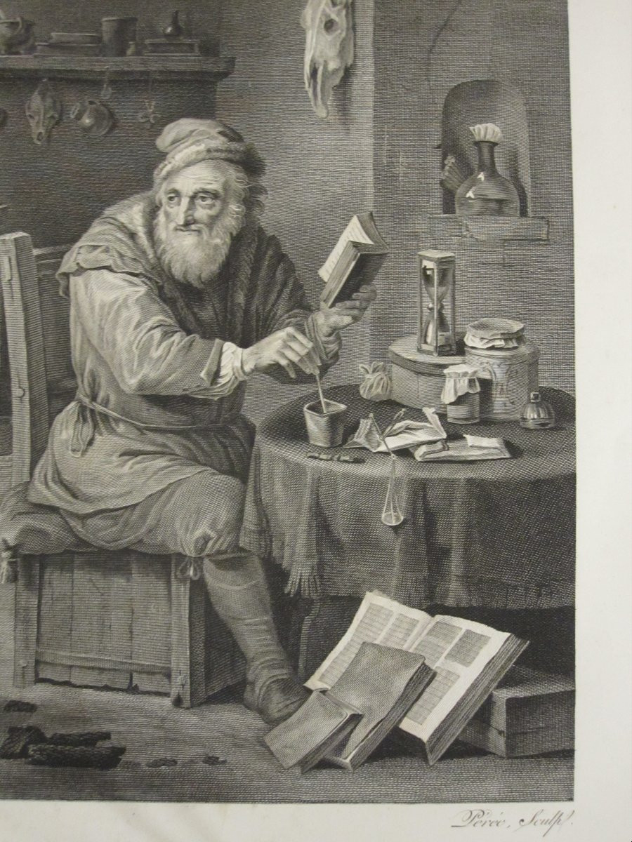 L'Alchimiste. Gravure d'après l'œuvre de Teniers, réalisée par Pérée-photo-3