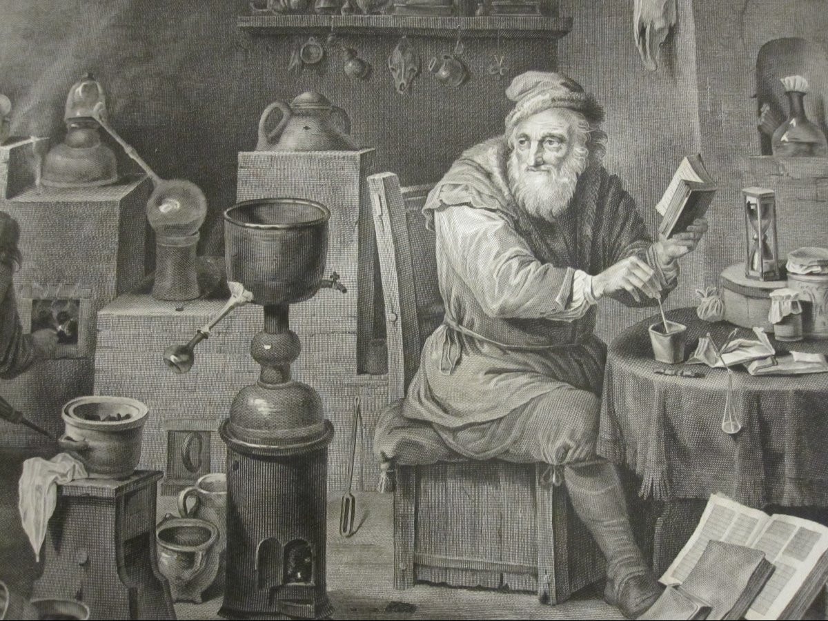 L'Alchimiste. Gravure d'après l'œuvre de Teniers, réalisée par Pérée-photo-5