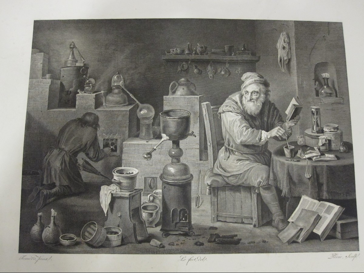 L'Alchimiste. Gravure d'après l'œuvre de Teniers, réalisée par Pérée