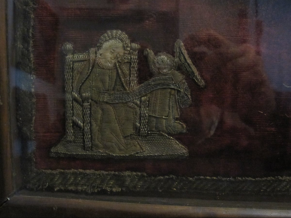 Tissu de velours brodé d'une Annonciation et des quatre Évangélistes. XVe ou XVIe siècle-photo-5