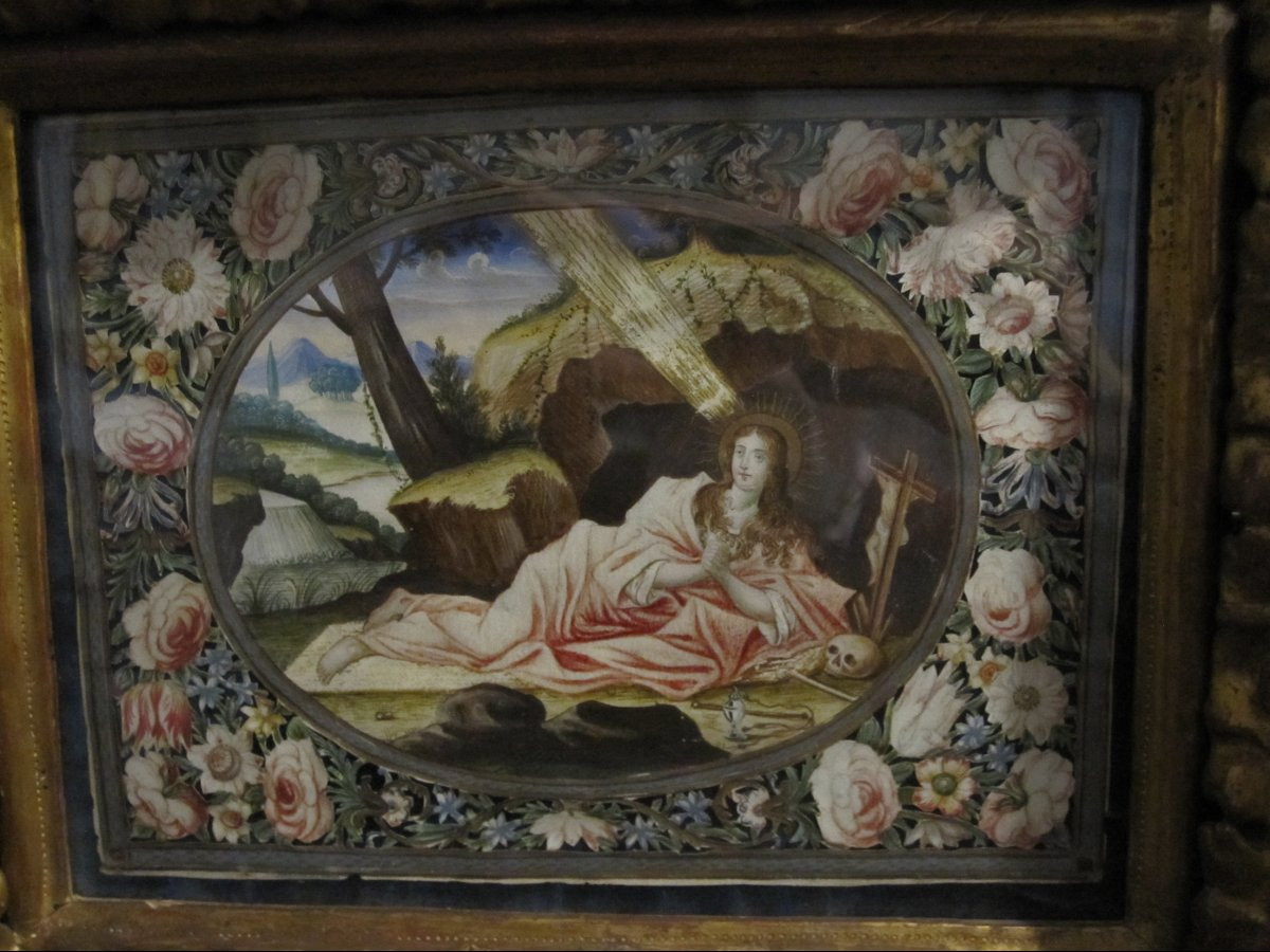 Madeleine pénitente. Miniature sur parchemin à bordure florale peinte et découpée aux ciseaux-photo-2