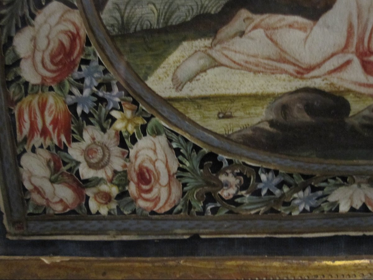 Madeleine pénitente. Miniature sur parchemin à bordure florale peinte et découpée aux ciseaux-photo-3