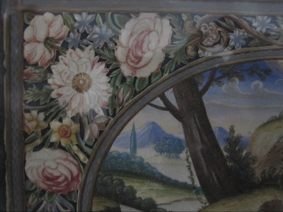 Madeleine pénitente. Miniature sur parchemin à bordure florale peinte et découpée aux ciseaux-photo-1