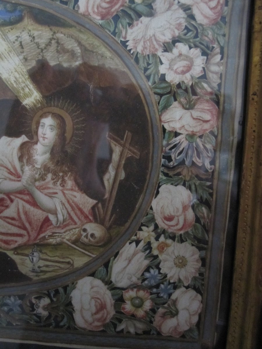 Madeleine pénitente. Miniature sur parchemin à bordure florale peinte et découpée aux ciseaux-photo-4