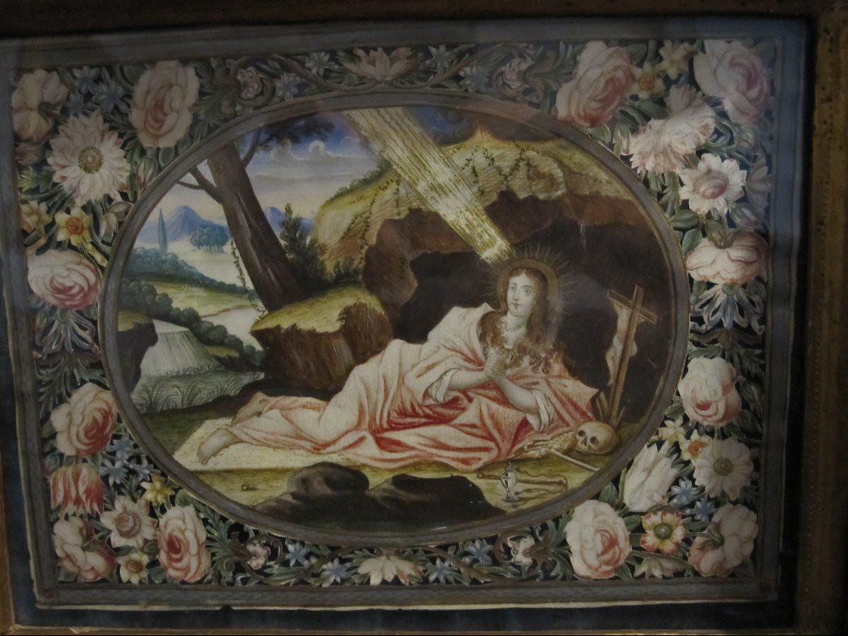 Madeleine pénitente. Miniature sur parchemin à bordure florale peinte et découpée aux ciseaux-photo-5