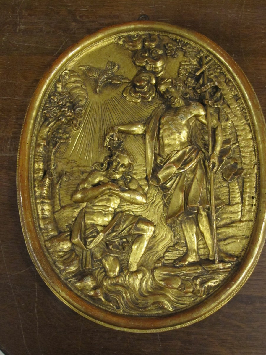 Baptism Of Christ. 18th-century Relief In Carved And Gilded Wood