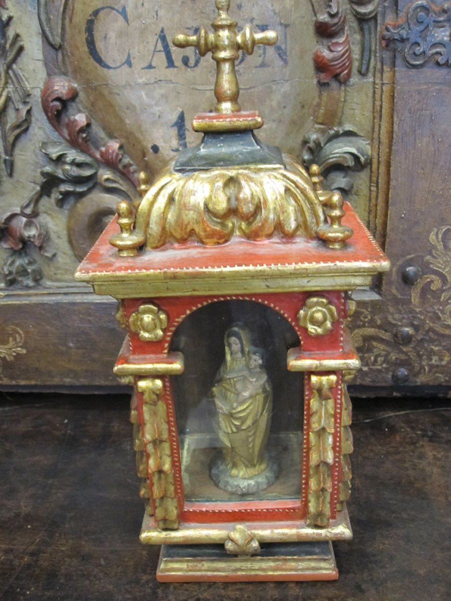 Baroque Baldachin In Lacquered And Gilded Wood, Adorned With A Small Polychrome Alabaster Madonna-photo-2