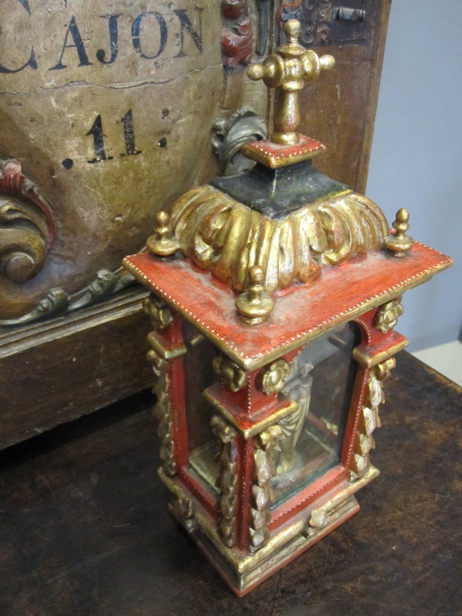 Baroque Baldachin In Lacquered And Gilded Wood, Adorned With A Small Polychrome Alabaster Madonna-photo-3