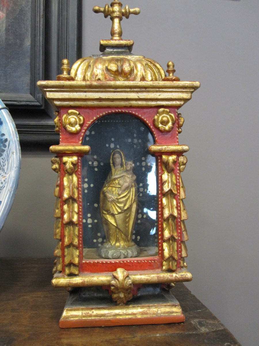 Baroque Baldachin In Lacquered And Gilded Wood, Adorned With A Small Polychrome Alabaster Madonna-photo-4