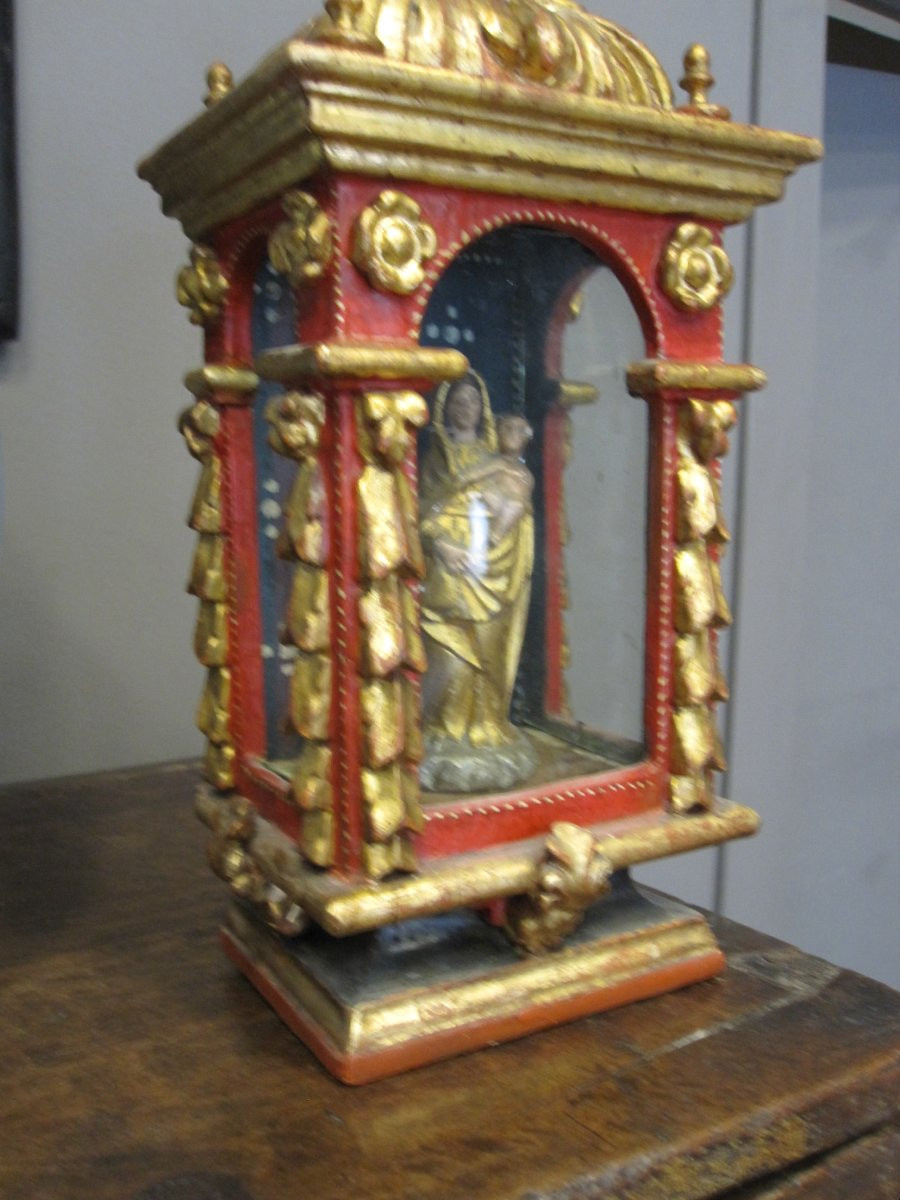 Baroque Baldachin In Lacquered And Gilded Wood, Adorned With A Small Polychrome Alabaster Madonna-photo-5