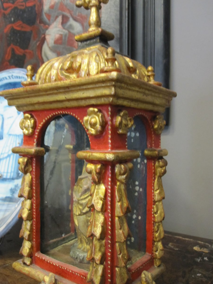 Baroque Baldachin In Lacquered And Gilded Wood, Adorned With A Small Polychrome Alabaster Madonna-photo-6