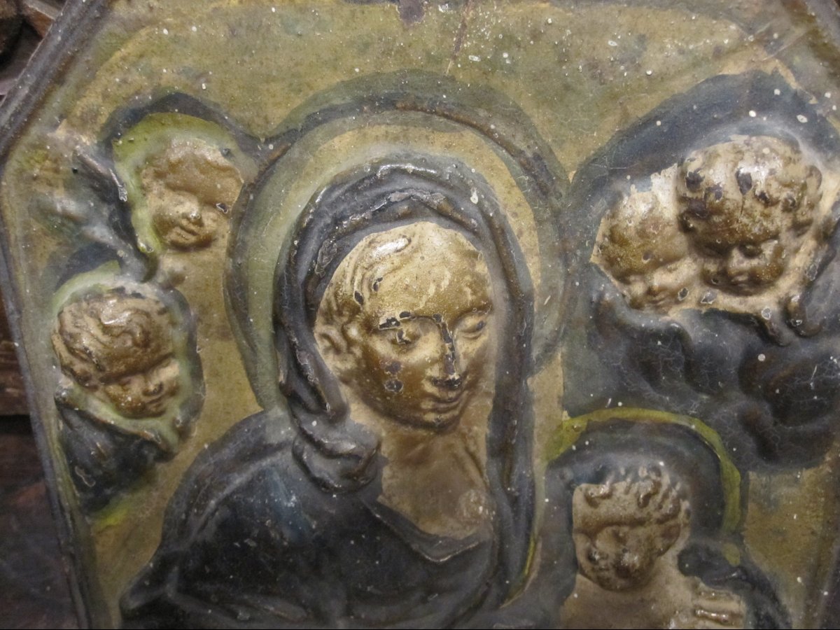 Virgin And Child. Polychrome Cast Iron Plaque. 16th Century-photo-2