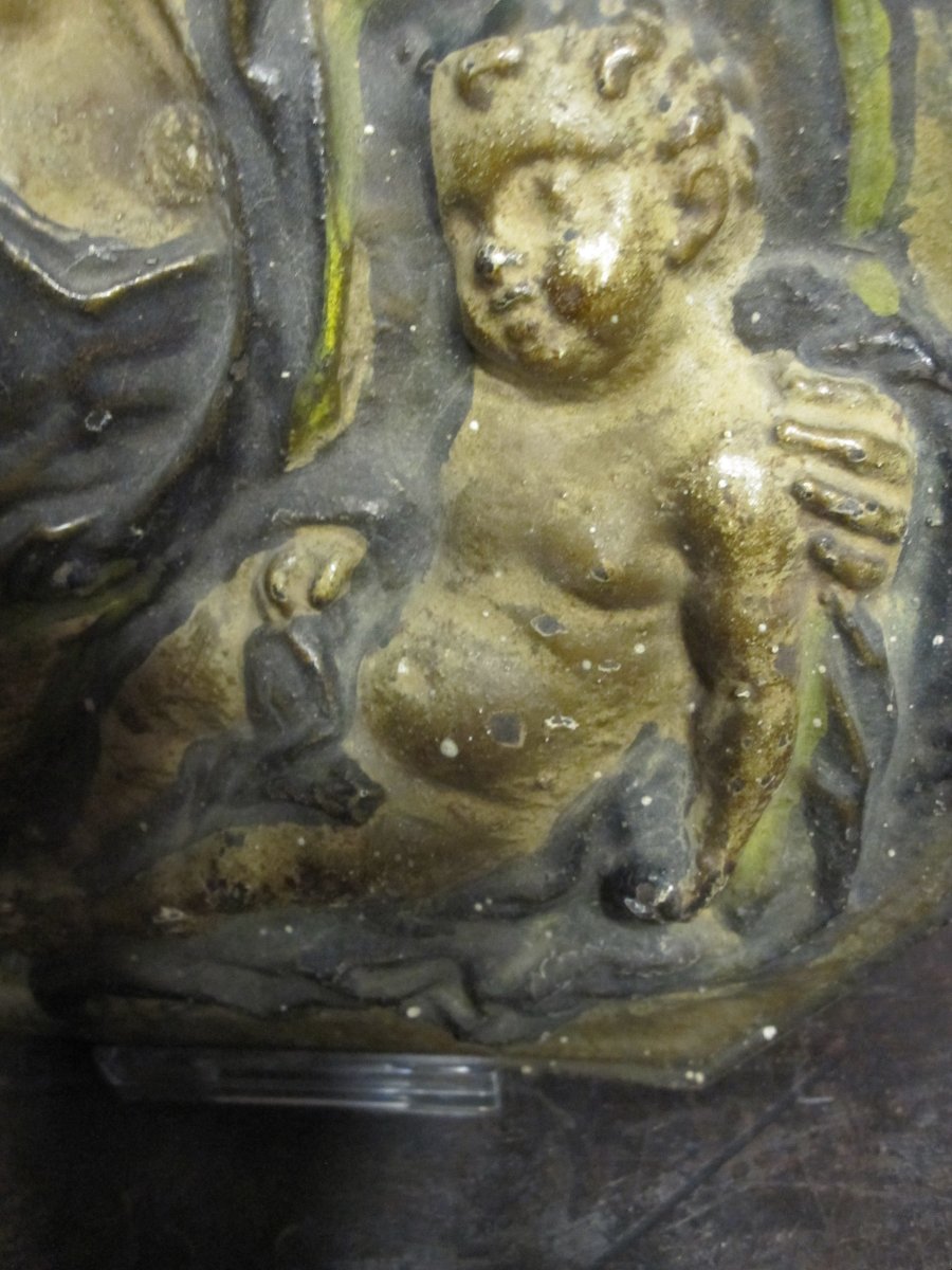 Virgin And Child. Polychrome Cast Iron Plaque. 16th Century-photo-3