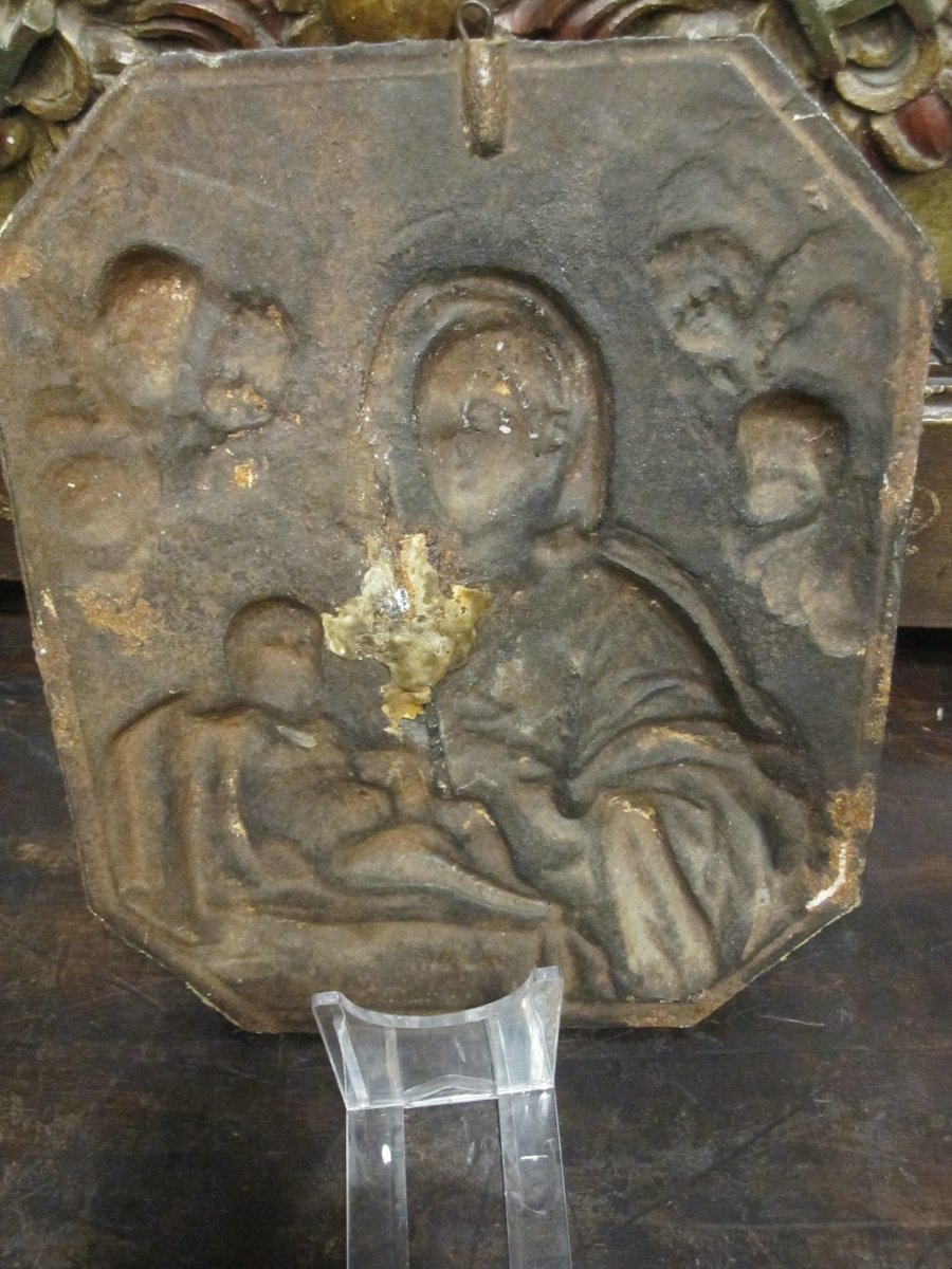 Virgin And Child. Polychrome Cast Iron Plaque. 16th Century-photo-4