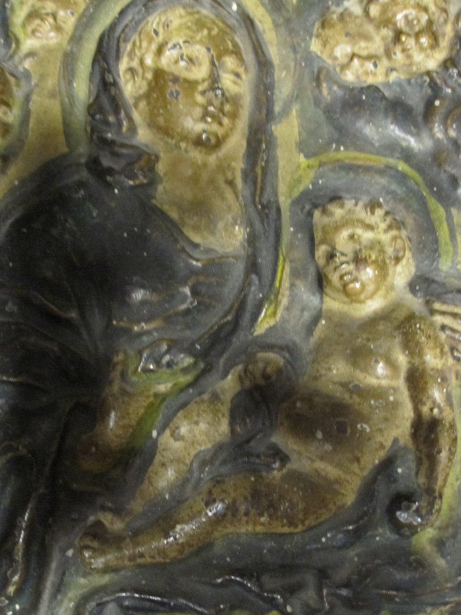 Virgin And Child. Polychrome Cast Iron Plaque. 16th Century-photo-3