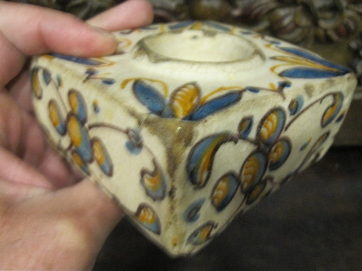 Encrier ou salière en céramique de Talavera. Série tricolore : bleu, orange et manganèse. XVIe -photo-4