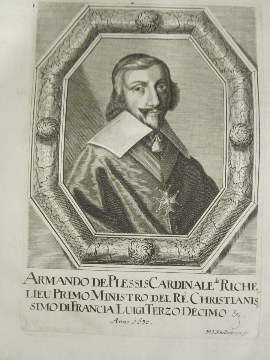 LOUIS XIII ET LE CARDINAL RICHELIEU. Paire de gravures de 1630. Signées H.J. Schollenberger-photo-3
