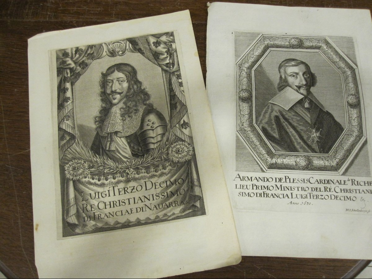 LOUIS XIII ET LE CARDINAL RICHELIEU. Paire de gravures de 1630. Signées H.J. Schollenberger-photo-4