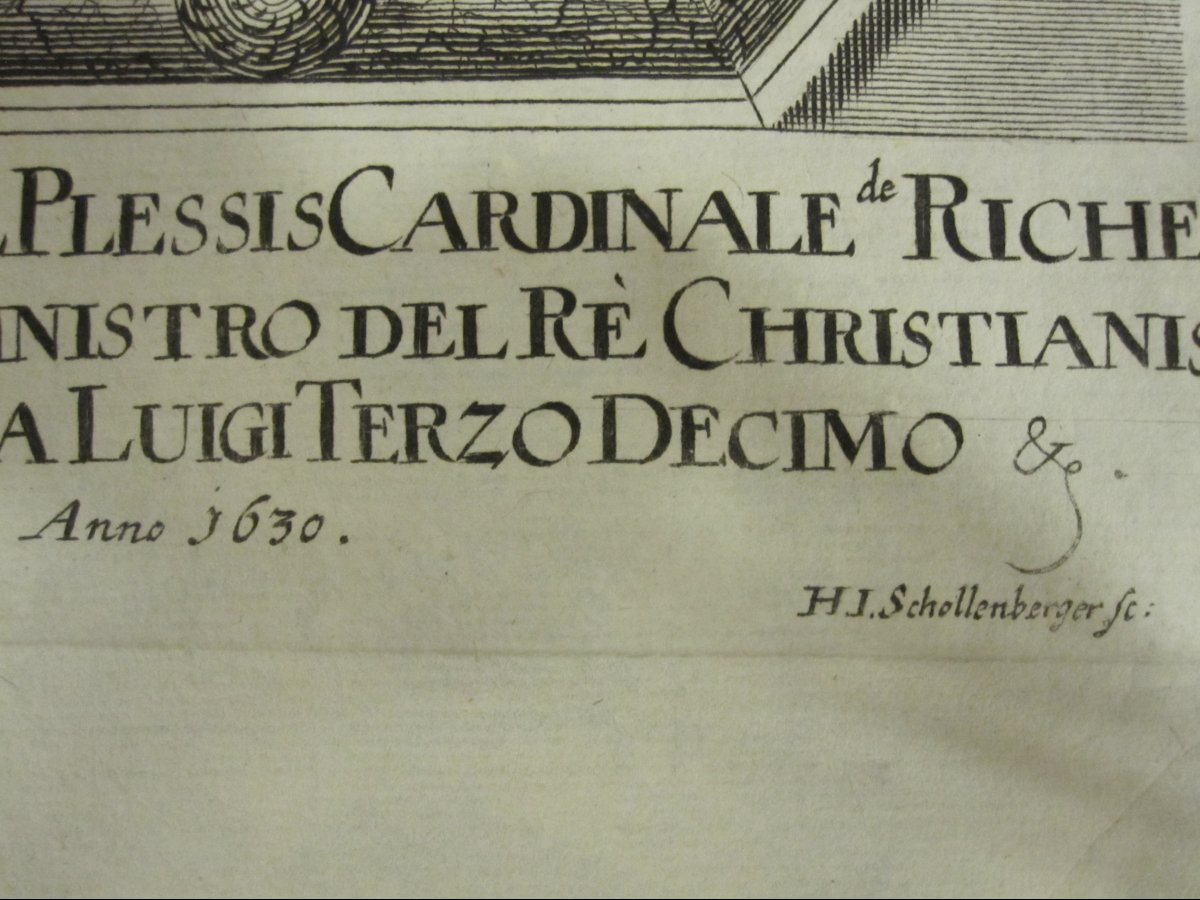 LOUIS XIII ET LE CARDINAL RICHELIEU. Paire de gravures de 1630. Signées H.J. Schollenberger-photo-3
