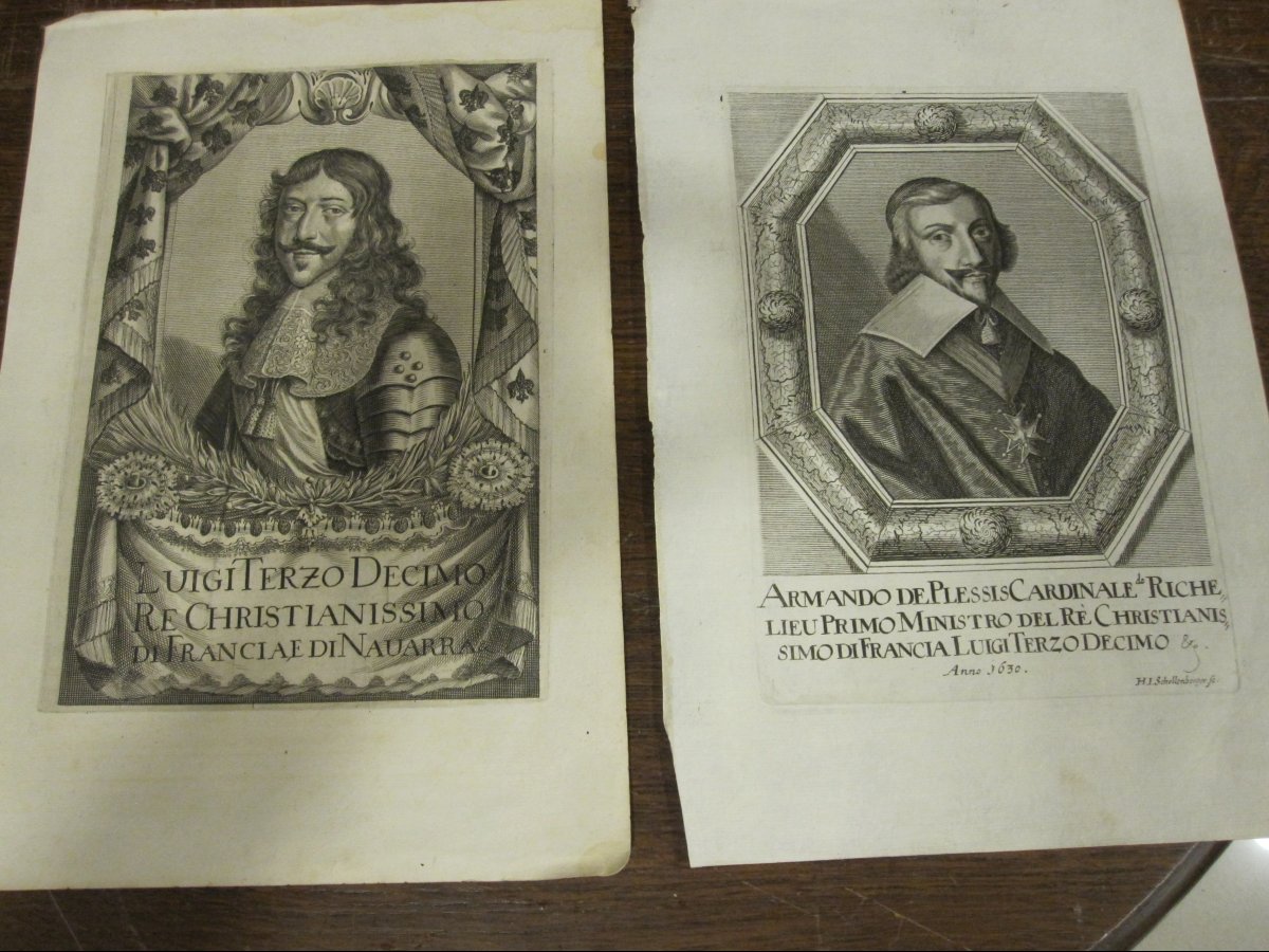 LOUIS XIII ET LE CARDINAL RICHELIEU. Paire de gravures de 1630. Signées H.J. Schollenberger