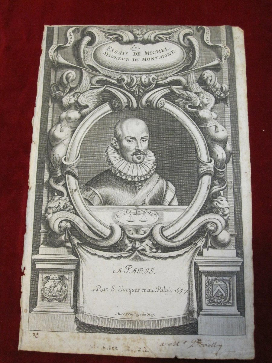 Michel De Montaigne. Frontispiece With A Portrait From 1657. Copper Engraving