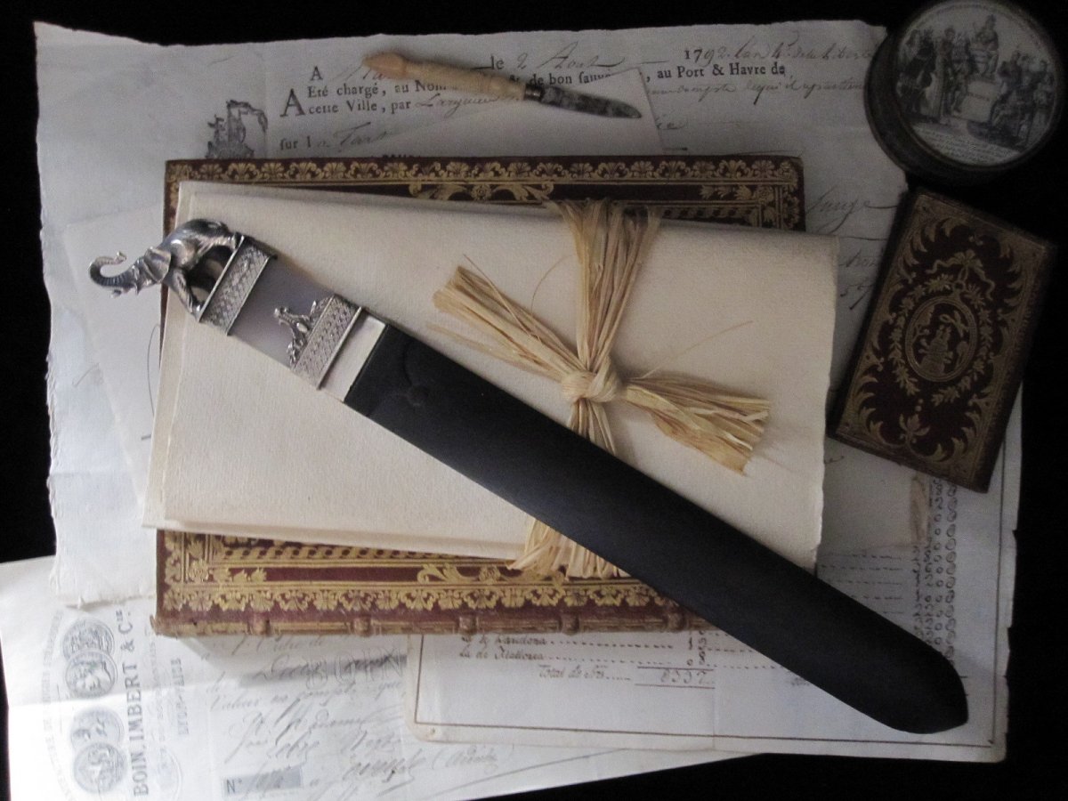 Letter Opener In Ebony, Silver And Hard Stone From The 19th Century-photo-2