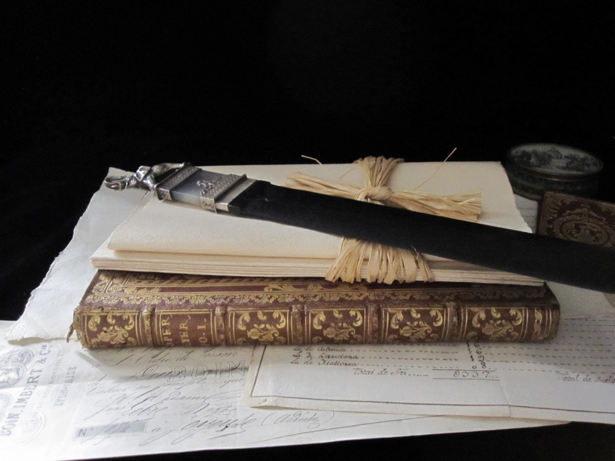 Letter Opener In Ebony, Silver And Hard Stone From The 19th Century-photo-3