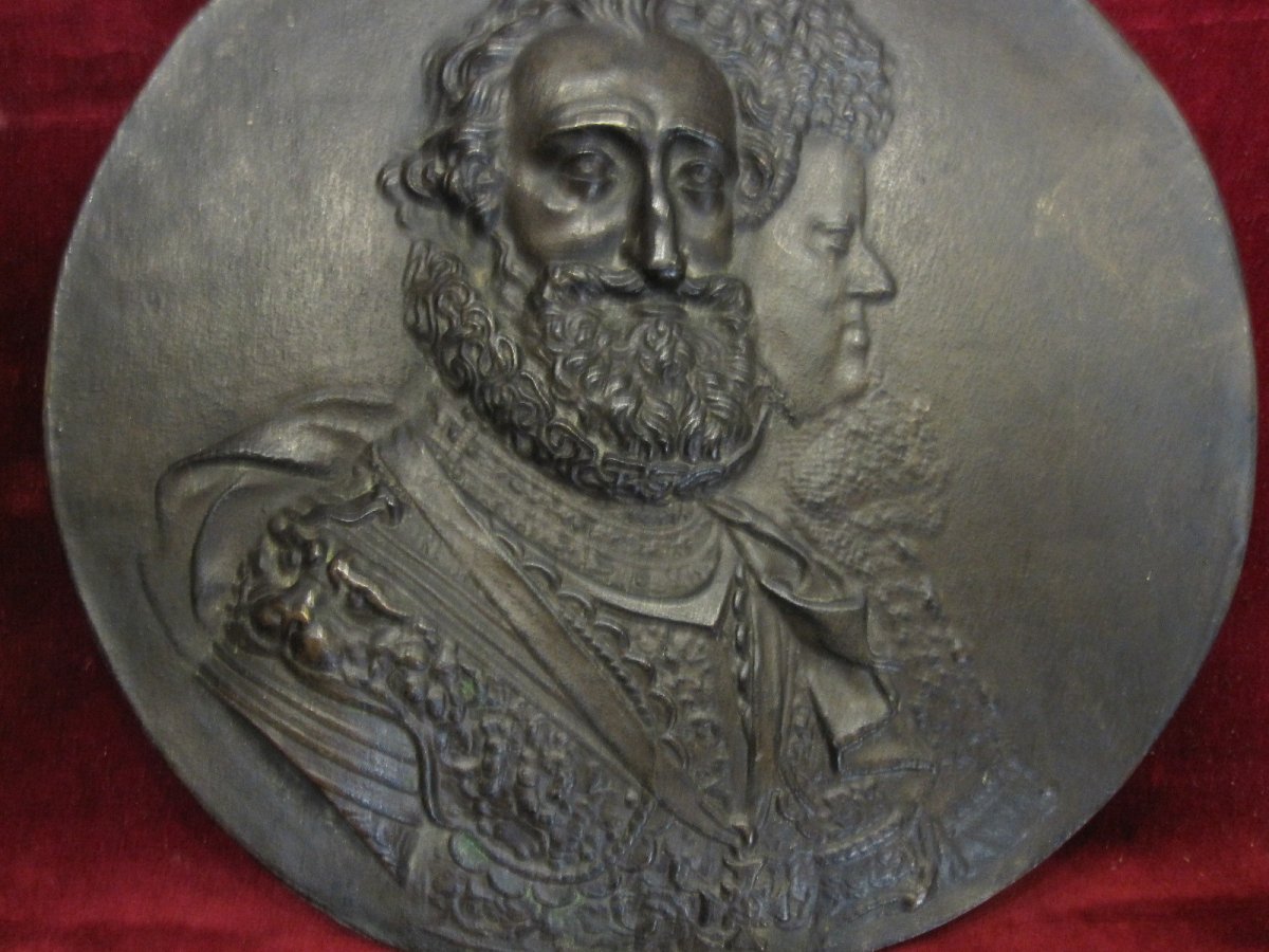 Guillaume Dupré: Henri IV And Maria De Medicis. Tondo In Bronze From S. XVII-photo-3