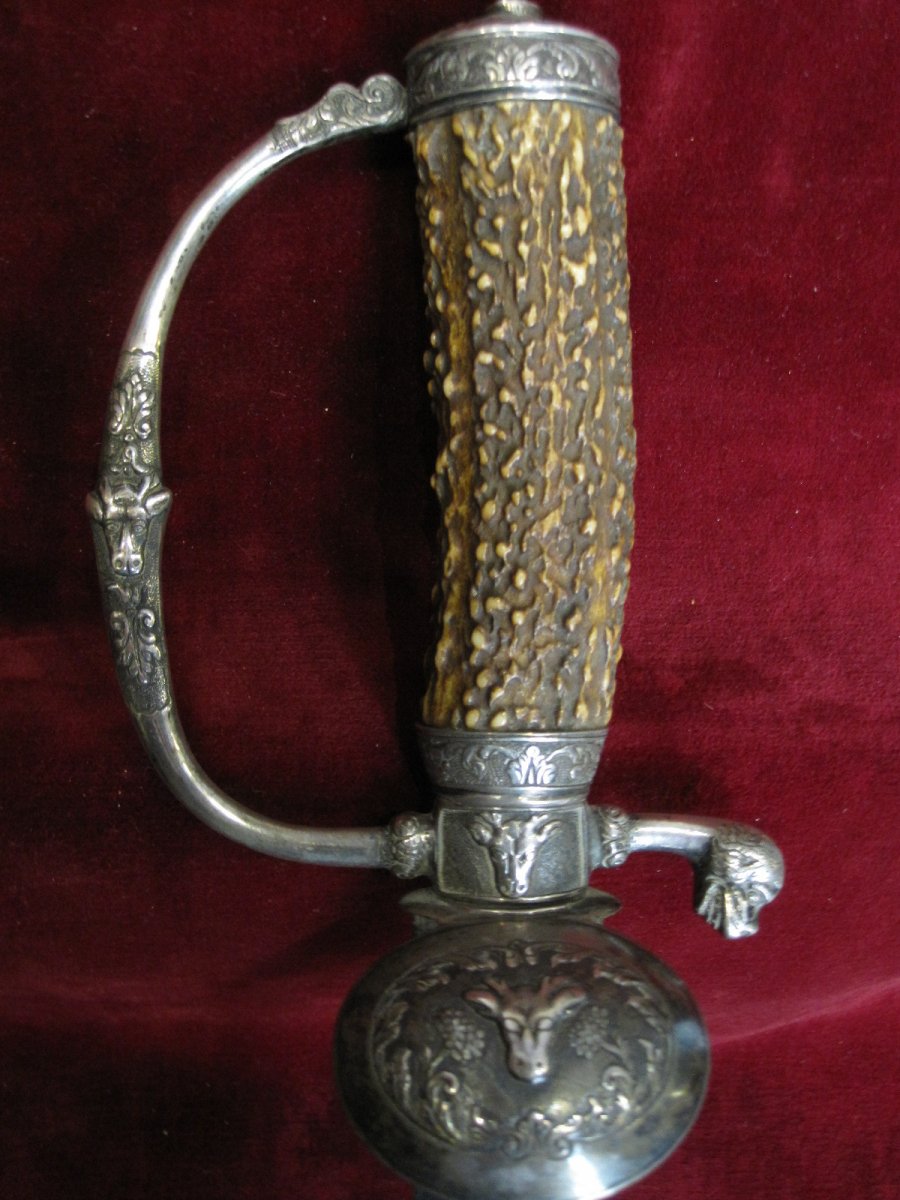 German Hunting Sword From S. XVIII. Handle In Horn And Sterling Silver-photo-3