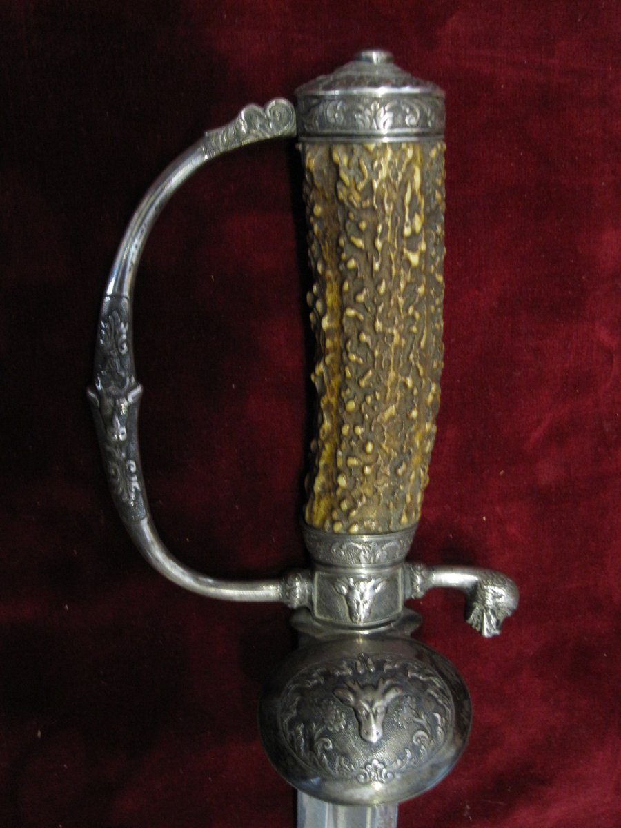 German Hunting Sword From S. XVIII. Handle In Horn And Sterling Silver