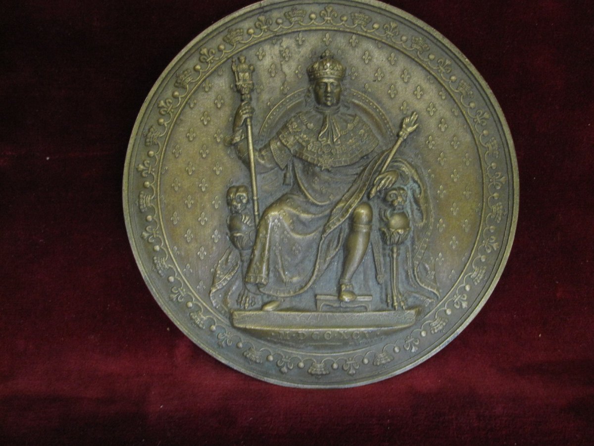 Luis XVIII Enthroned, Mdccxcv (1795) Large Unifazed Medallion In Bronze. 12 Centimeters-photo-2