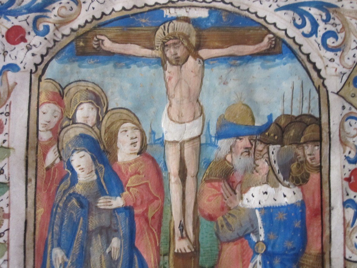 Miniature Sheet From A Book Of Hours With A Crucifixion Scene. Atelier De Bruges, S. XV-photo-3