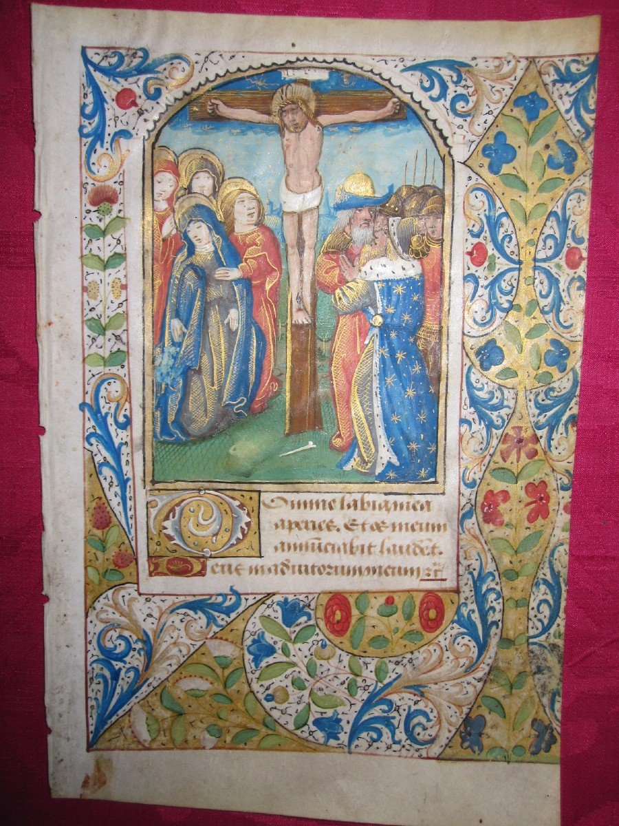 Miniature Sheet From A Book Of Hours With A Crucifixion Scene. Atelier De Bruges, S. XV