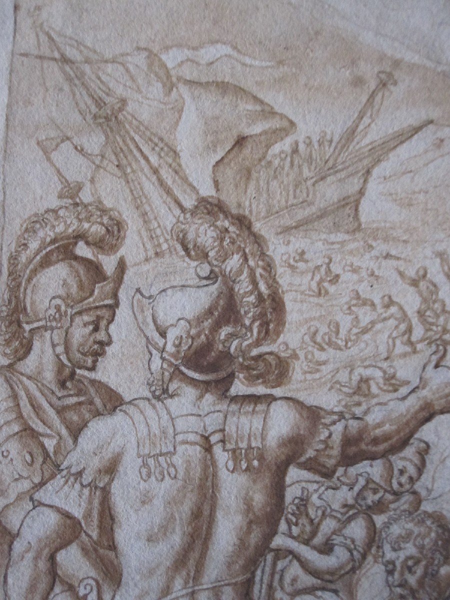 The Nufragio Of Aeneas. Drawing In Ink And Wash Signed Peter Van Lint. S. XVII-photo-3