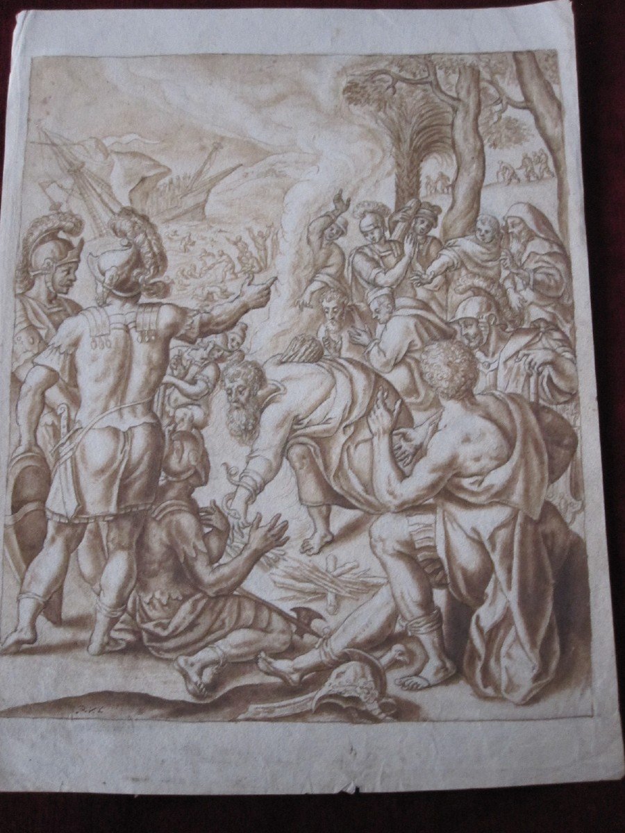 The Nufragio Of Aeneas. Drawing In Ink And Wash Signed Peter Van Lint. S. XVII-photo-6