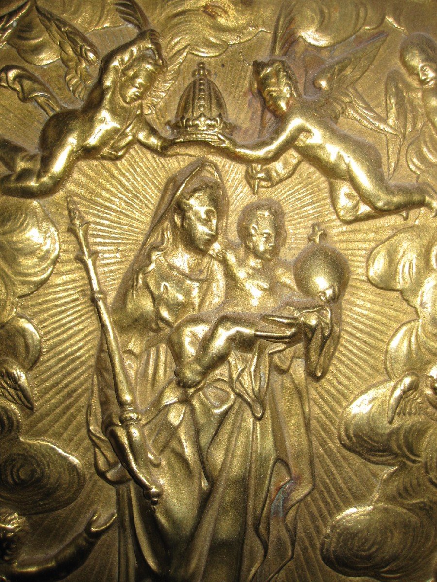 Vierge Couronnée d'Anges. Plaque De Dévotion En Bronze. Habsbourg XVIIe Siècle-photo-4