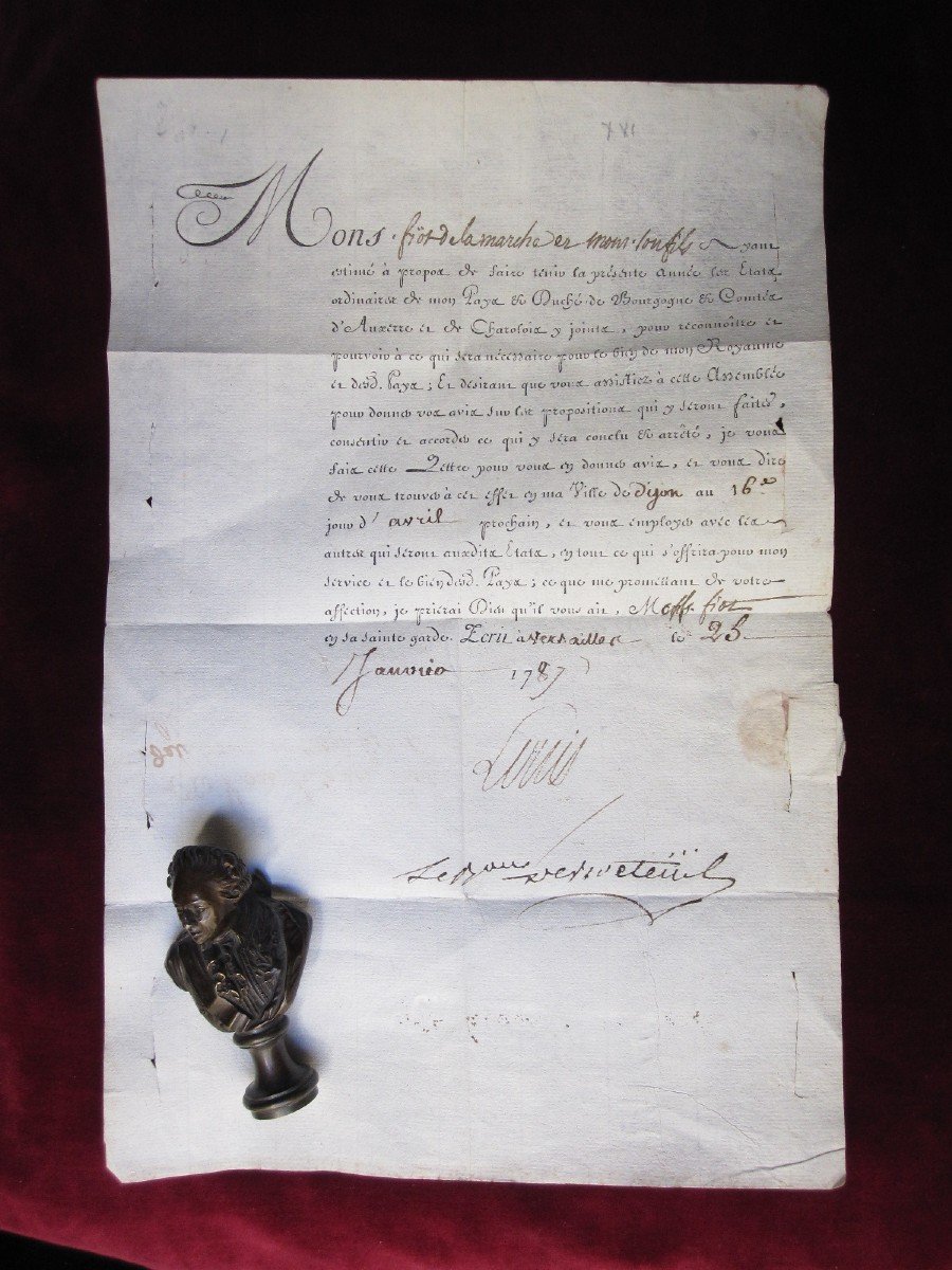 Royalisme. Buste Pour Sceau, Et Document Autographe De Louis XVI. Daté 1787