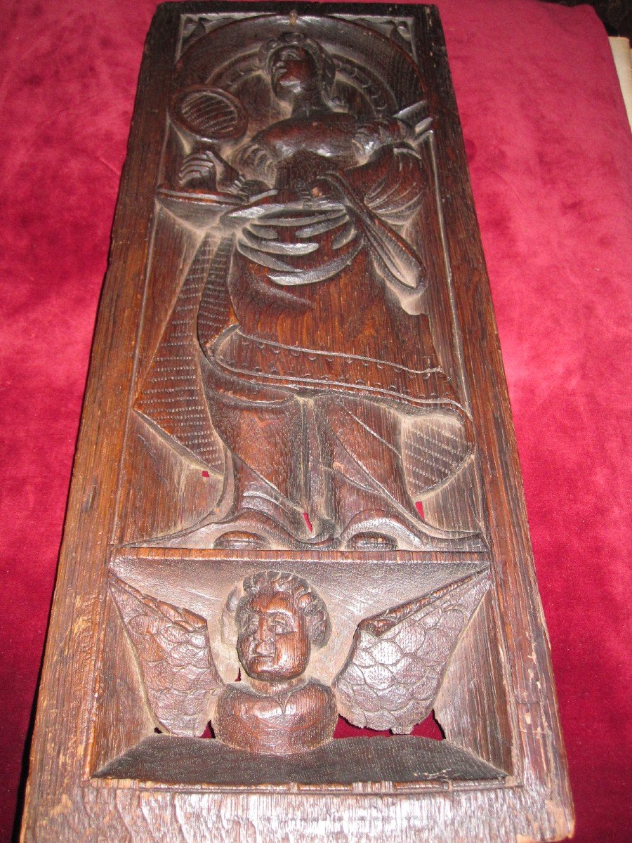 Renaissance Panel In Carved Wood Representing An Allegorical Figure Of Prudence-photo-2