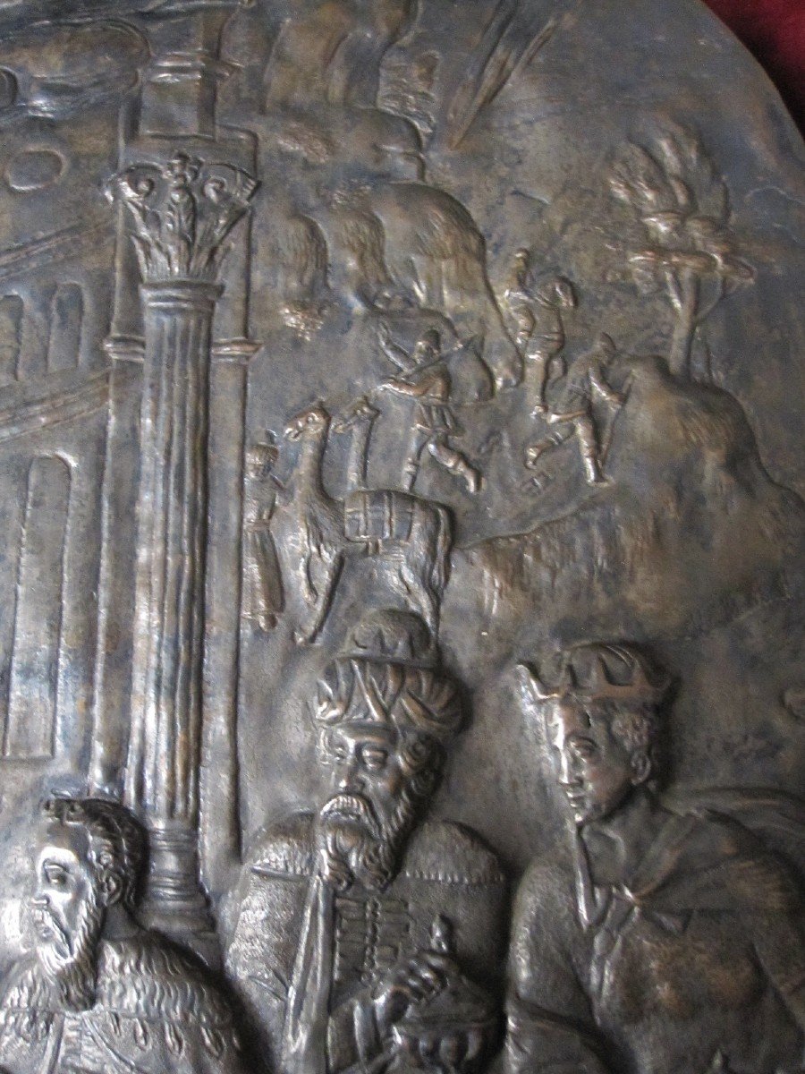 Adoration Of The Kings. Large Embossed Copper Plate From The Colonial School: Peru Or Bolivia-photo-3