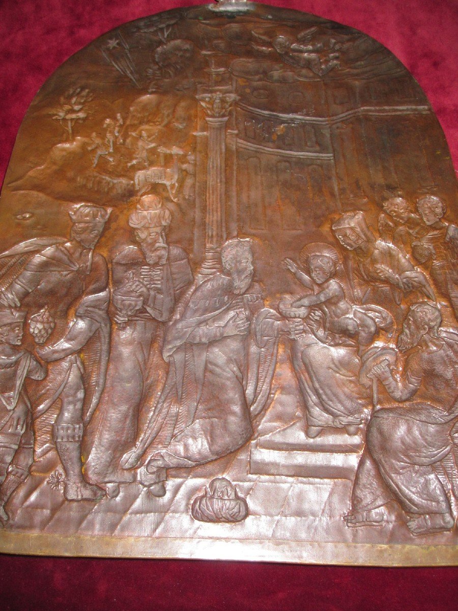 Adoration Of The Kings. Large Embossed Copper Plate From The Colonial School: Peru Or Bolivia-photo-8