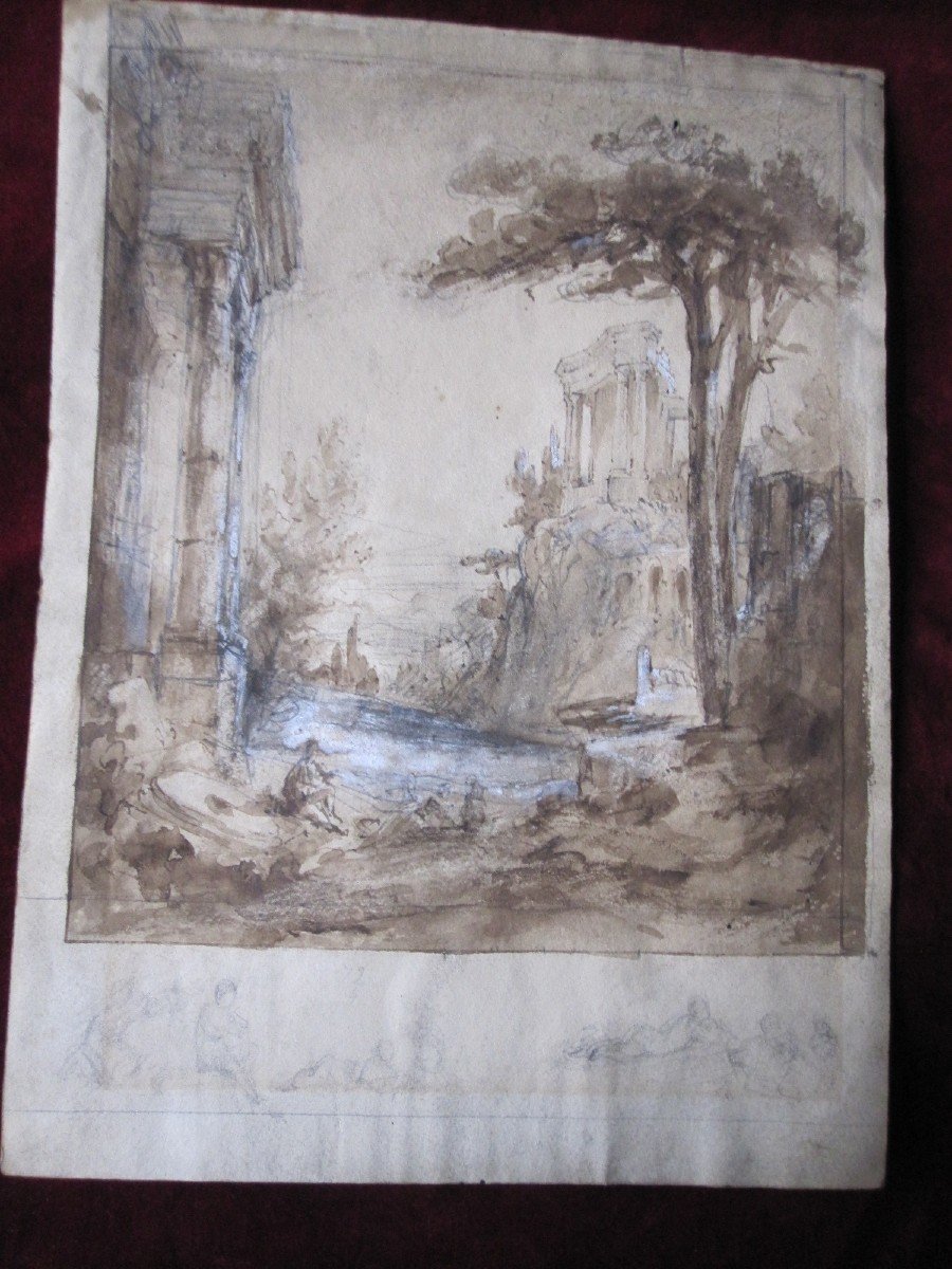 Italian School S. XVIII. Landscape With Ruins. Drawing In Pencil, Ink And Gouache-photo-2