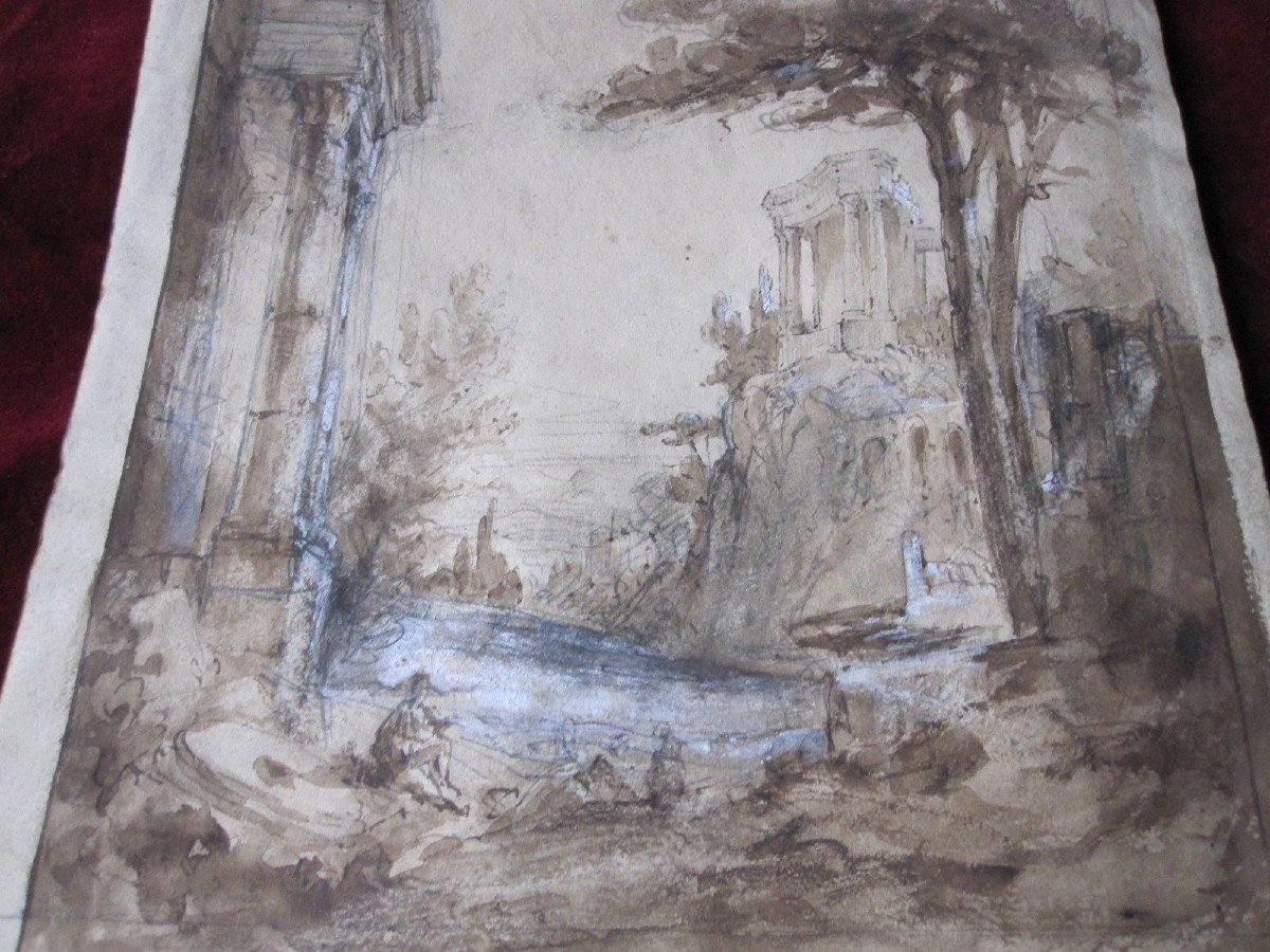 Italian School S. XVIII. Landscape With Ruins. Drawing In Pencil, Ink And Gouache-photo-4