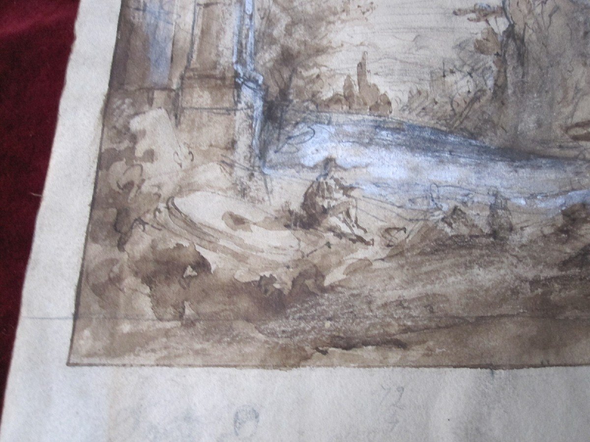 Italian School S. XVIII. Landscape With Ruins. Drawing In Pencil, Ink And Gouache-photo-6