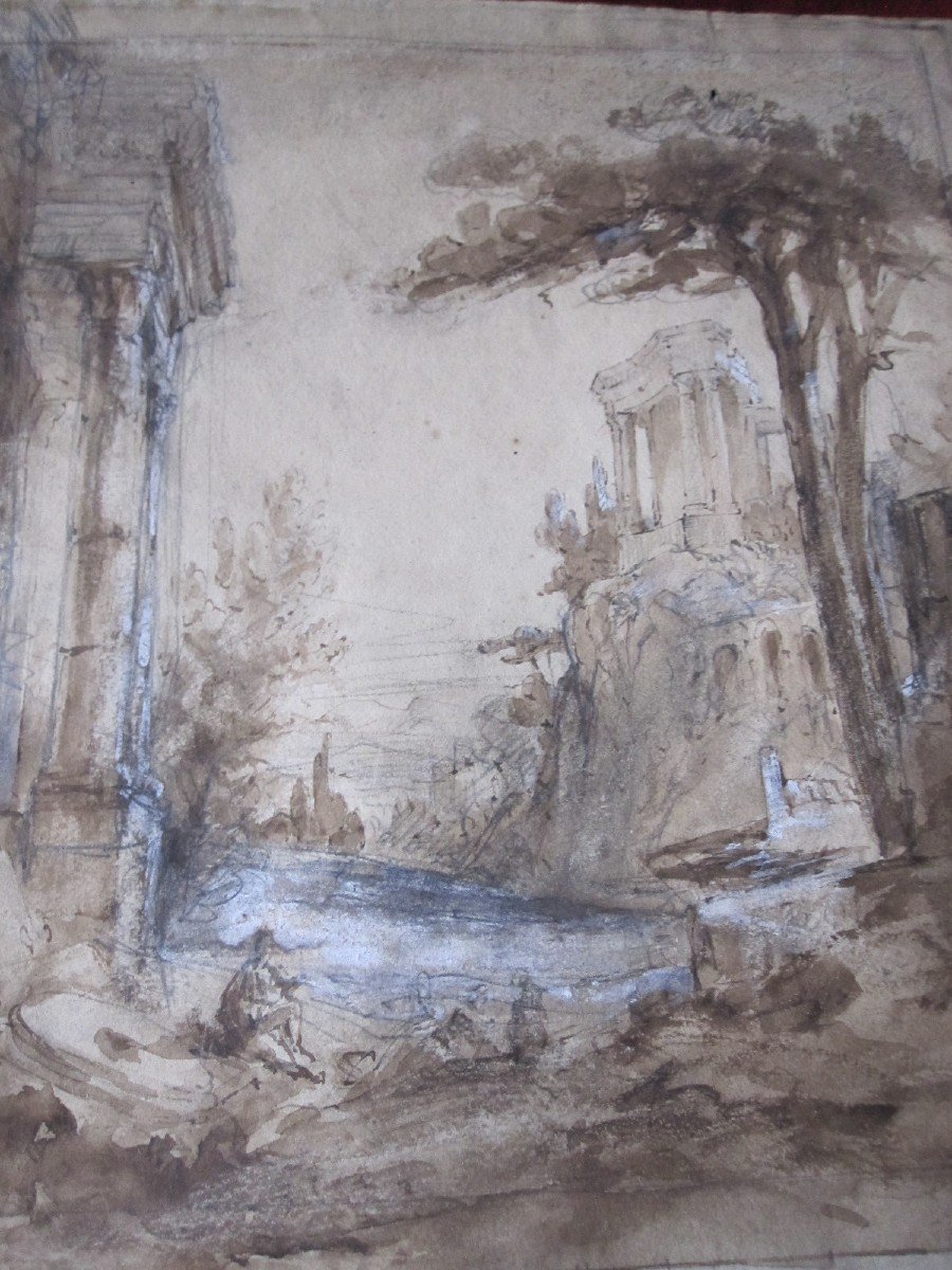 Italian School S. XVIII. Landscape With Ruins. Drawing In Pencil, Ink And Gouache-photo-7